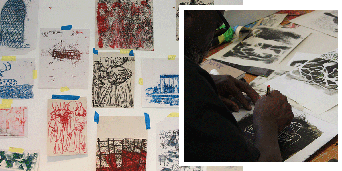 Hart School student Barry experiments with mono printing.