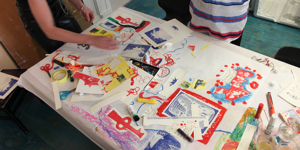 Print experiments are cut out and collaged to make a large scale collaborative piece.