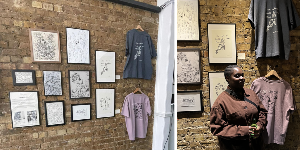 Exhibition showcases Hart School artworks. Artist Serafina stands alongside their t-shirt design from Doyenne's collection.